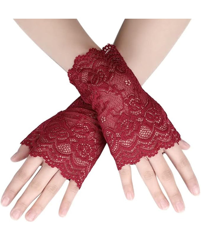 Women's Short Lace Gloves Fingerless for Driving Wedding Wrist Length Bridal Prom Gloves
