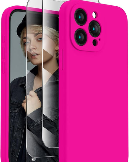 FireNova Designed for iPhone 15 Pro Max Case, Silicone Upgraded [Camera Protection] Phone Case with [2 Screen Protectors], Soft Anti-Scratch Microfiber Lining Inside, 6.7 inch, Hot Pink