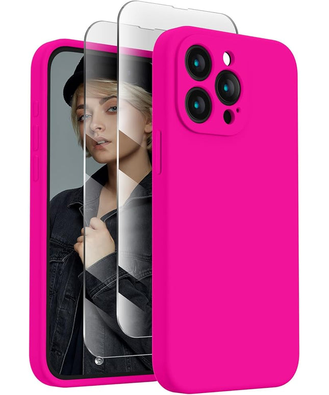 FireNova Designed for iPhone 15 Pro Max Case, Silicone Upgraded [Camera Protection] Phone Case with [2 Screen Protectors], Soft Anti-Scratch Microfiber Lining Inside, 6.7 inch, Hot Pink