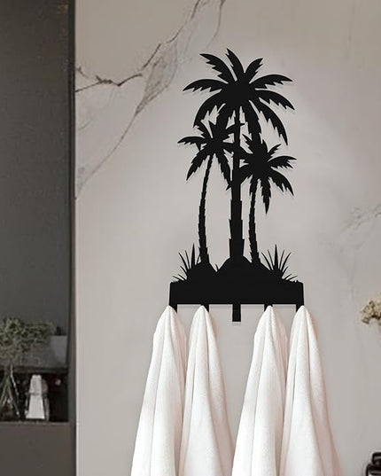 useNumber Black Metal Key Holder for Wall,Coconut Trees Key Hooks Wall Mount Whith 5 Hooks,Tropical Style Key Hanger Wall Decor for Front Door,Hallway,Entryway,Office