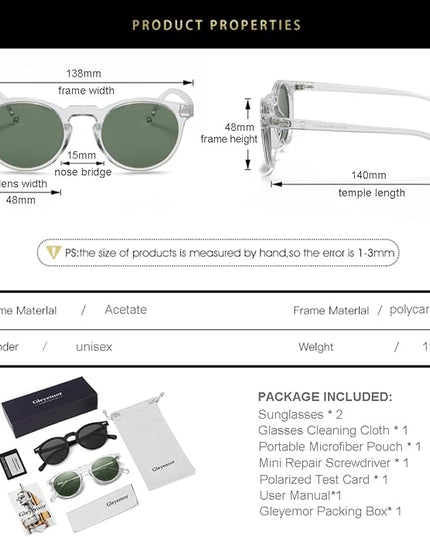 Gleyemor Vintage Polarized Sunglasses for Men Round Sunglasses UV400 Protection Retro Hand-crafted Acetate Frame