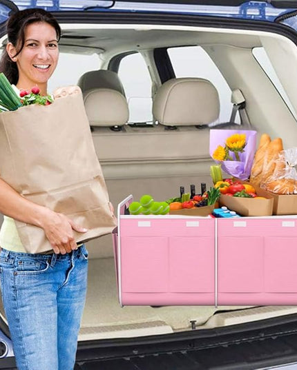 Homeve Trunk Organizer, Car Storage, Reinforced Handles, Collapsible Multi-Compartment, Foldable, Waterproof, Sturdy, 600D Oxford Polyester For Car, SUV, Mini-Van, Pink, 2 Compart