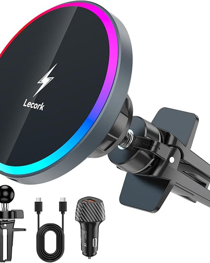 Lecork for Magsafe Car Mount Charger with Cigarette Lighter Adapter, 15W Air Vent Magnetic Wireles Car Mount Charger for iPhone 16 Pro, Car Phone Holder for iPhone 16 15 14 13 12, Zinc Alloy, Black