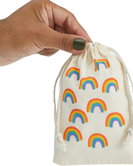 Juvale Rainbow Canvas Bags - 4 x 6 In, Pack of 12 - Mini Canvas Drawstring Bags for Kids & Party Favors - Rainbow Design