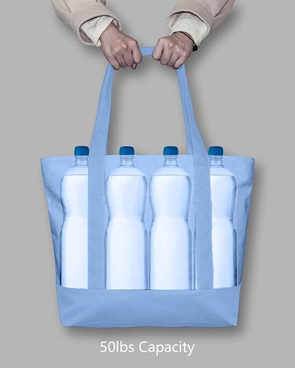 TOPDesign 1-Pack Canvas Tote Bag with an External Pocket, Reusable Grocery Shopping Bag, Top Zipper Closure, Daily Essentials (Light Blue)