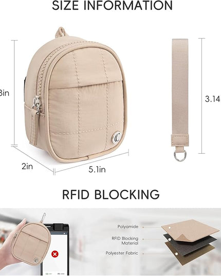 CLUCI Mini Backpack Keychain Wallet Small Change Quilted Coin Purse Cute Puffer Wristlet Pouch with 3 RFID Card Slots