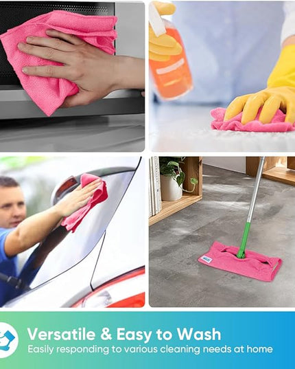 HOMEXCEL Pink Microfiber Cleaning Cloth, 24 Pack Cleaning Towels for Kitchen, Lint Free, Scratch-Free, Highly Absorbent, and Reusable Cleaning Rags for House, Window and Glass, Cars, 11.5 X11.5 inch