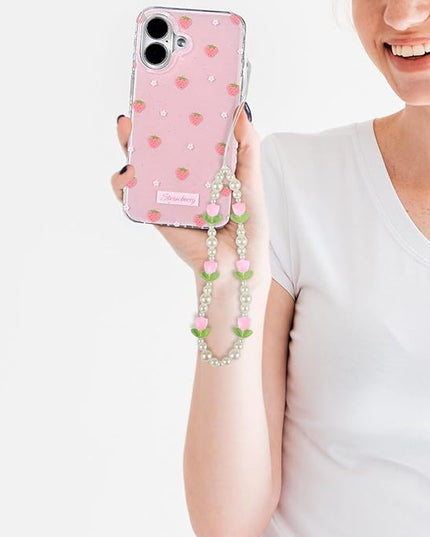 Beaded Phone Charms Cute Aesthetic Tulip Lanyard Strap Girl Wrist Chain, Phone Keychain Decoration for Wallet AirPods-Pink