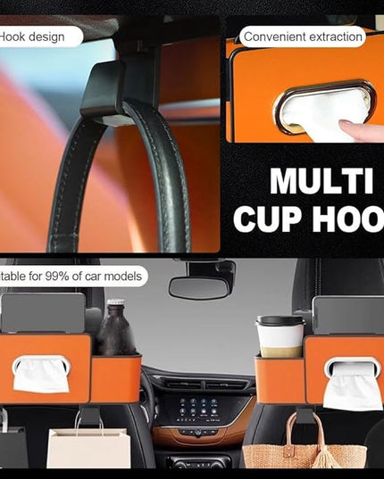 4 in 1 Car Organizers and Storage Box,2026 Upgraded Multifunctional Car Organizers with Tissue Boxs and Hook, Drink Holder for Car (Brown)