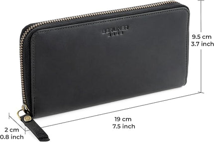 BERLINER BAGS Vintage Genuine Leather Wallet Margo, RFID Blocking Credit Card Holder, Slim Womens Wallet, Zip Around Wallet for 13 Cards and ID window, Bills, Coins - Dark Grey