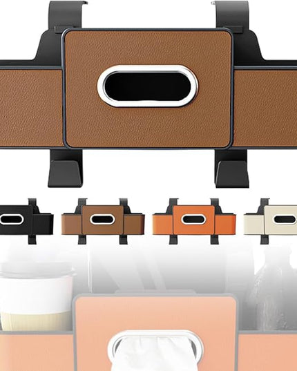 3-in-1 Car Backseat Organizer with Cup Holder, Tissue Box, Trash Bin & Hooks,Multifunctional Back Seat Car Organizer for Hold Phones, Snacks, Drinks, and Handbags (Brown)