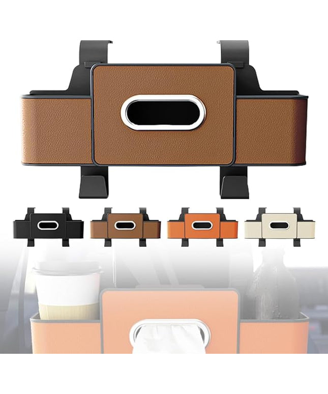 3-in-1 Car Backseat Organizer with Cup Holder, Tissue Box, Trash Bin & Hooks,Multifunctional Back Seat Car Organizer for Hold Phones, Snacks, Drinks, and Handbags (Brown)