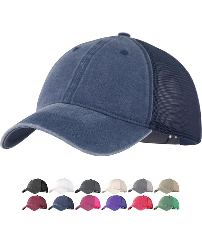 Vintage Washed Soft Crown Baseball Cap Plain Snapback Trucker Hat Men Women Adjustable Distressed Mesh-Back Ball Cap