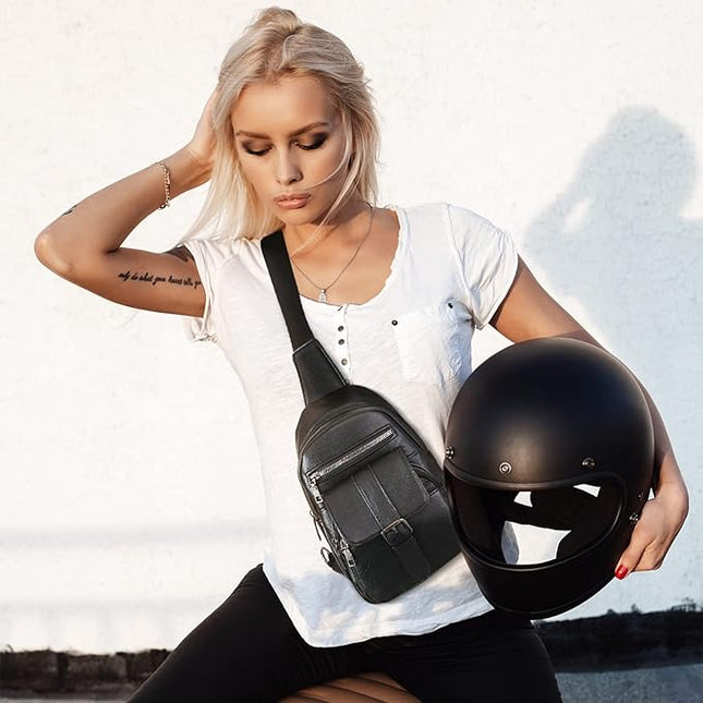 Peicees Leather Sling Bag For Women Waterproof Crossbody Bag Chest Bag Fashionable Small Backpack Purse For Travel Hiking