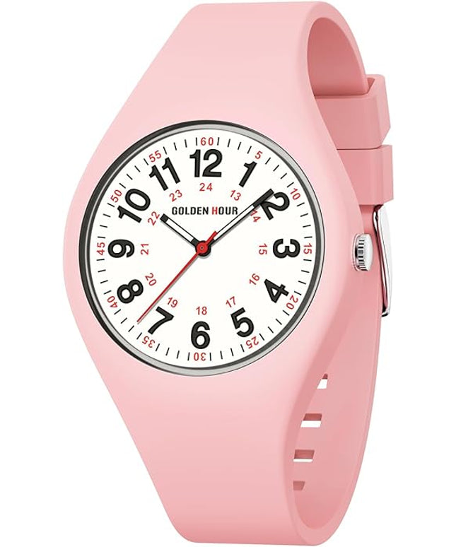 GOLDEN HOUR Waterproof Sports Analog Unisex Watches for Nurse Medical Professionals, Students - Military Time Glowing Easy to Read Dial, Jelly Silicone Strap