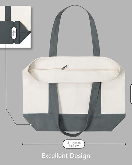 TOPDesign 6-Pack Canvas Tote Bags with an External Pocket, Reusable Grocery Shopping Bags, Top Zipper Closure, Daily Essentials (Grey/Natural)