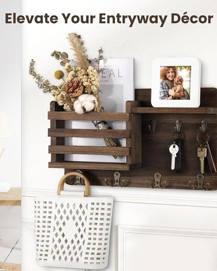Nekon Mail Holder for Wall Mail Organizer with Key Hooks Hallway Farmhouse Decor Storage Racks with Floating Shelf and Flush Mount Hardware (16.8Inch x 10Inch x 3.2Inch)