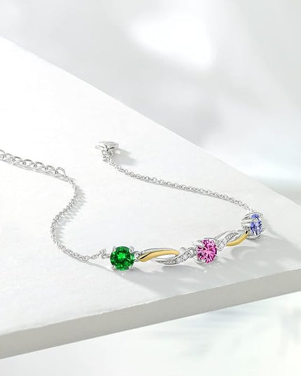 Customized and Personalized 3-Stone Tennis Bracelet For Women | 925 Sterling Silver and 10K Yellow Gold | Gemstone Birthstones and White Lab Grown Diamond | 7 Inch | With 1 Inch Extender