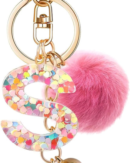 Resin Alphabet Initial Letter Keychain Keyring for Women Purse Handbags With Fur Ball Pom