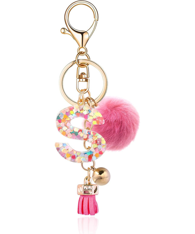 Resin Alphabet Initial Letter Keychain Keyring for Women Purse Handbags With Fur Ball Pom