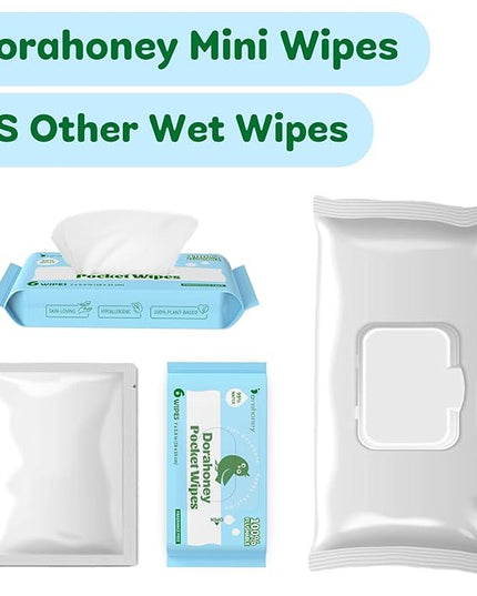 Flushable Wipes Travel Size, 99% Water Mini Wet Wipes for Sensitive Skin, Hypoallergenic & Unscented On The Go Pocket Wipes, 144 Count (24 Packs of 6)