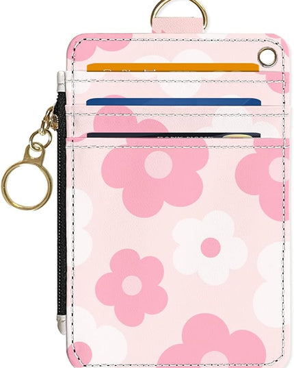 Slim Wallet Credit Card Holder, Pink Daisy, RFID Wallet Women Cute Small Front Pocket Wallet With Zipper, PU Leather Thin travel RFID Blocking Card Case ID Window,Ladies Gifts
