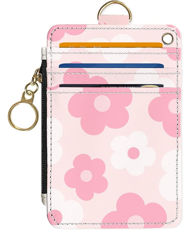 Slim Wallet Credit Card Holder, Pink Daisy, RFID Wallet Women Cute Small Front Pocket Wallet With Zipper, PU Leather Thin travel RFID Blocking Card Case ID Window,Ladies Gifts