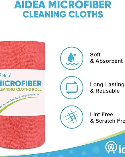 AIDEA Microfiber Cleaning Cloth Roll, 50PK Red, Reusable Paper Towels Tear Away Cloth, Microfiber Towels Washable Shop Rags, Lint Free Cleaning Rags for House, Kitchen, Window, 11.5"×11.5"