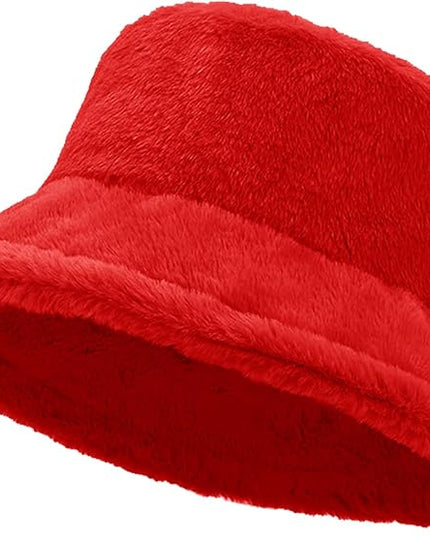 Women Plush Fluffy Bucket Hat Warm Lining Winter Faux Fur Cozy Wide Brim Winter