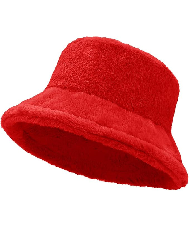 Women Plush Fluffy Bucket Hat Warm Lining Winter Faux Fur Cozy Wide Brim Winter