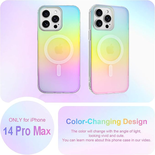 Cute Case for iPhone 14 Pro Max Case for Women Girls [Compatible with Magsafe] Aesthetic Girly Glitter Bling Rainbow Magnetic Protective Phone Cover, Translucent Iridescent Blue & Pink