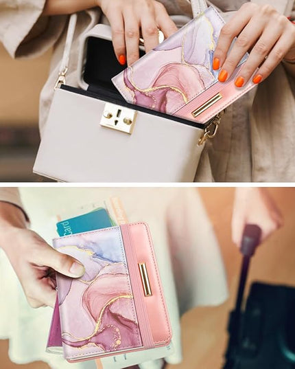 Passport Holder Cover Travel RFID Blocking Passport Cover Rose Gold Cute Flowers Passport Wallet with Elastic Band for Women