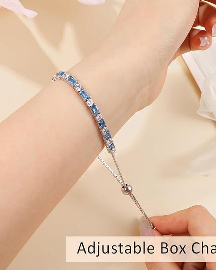 Birthstone Tennis Bracelets for Women White Gold Sterling Silver Gemstone Bracelets Adjustable Chain 6-9 Inchs Jewelry Anniversary Birthday Gifts for Women Mom Wife Her