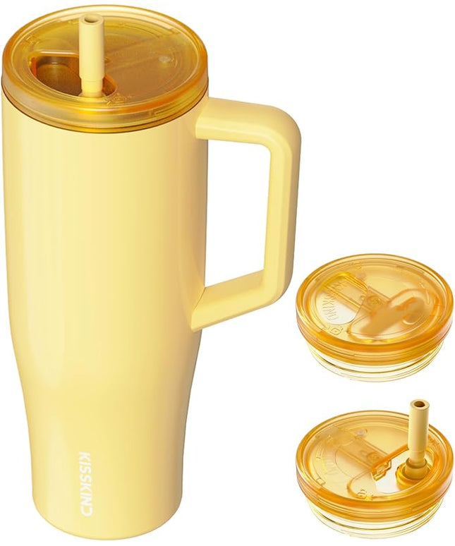 KISSKIND 40 oz Lumispin Tumbler with Handle and Hidden Straw, 100% Leak Proof Water Cup with Handle, Insulated Water Bottle for Travel, Mom, Nurse, Teacher, Student, Butter Yellow