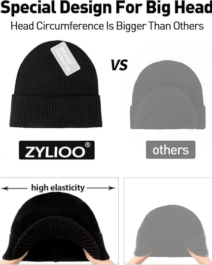 Zylioo Oversize Beanie Hats, XXL Big Size Ribbed Knit Cuffed Winter Hat for Cold Weather, Warm Skull Watch Cap