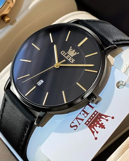 OLEVS Mens Watches Mens Leather Watch Ultra Thin Watches for Men Minimalist Watch with Leather Band Quartz Analog Dress Casual Simple Lightweight relojes para Hombres
