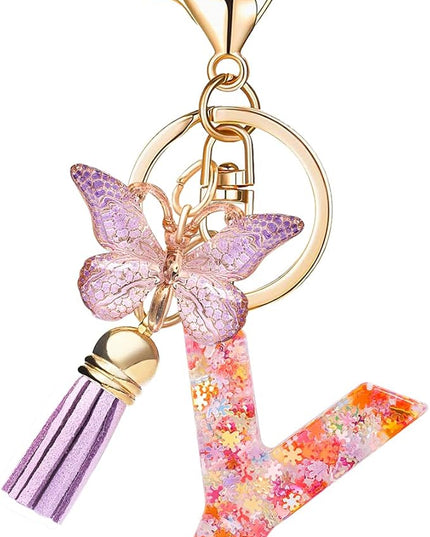 Fashion Alphabet Initial Letter Keychain Tassel Butterfly Pendant Key Ring for Purse Handbags Women Girl