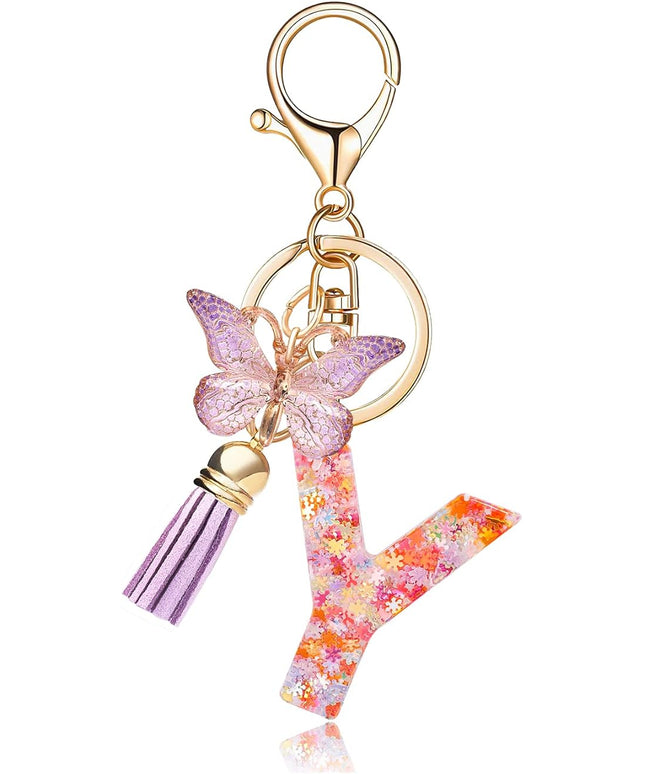 Fashion Alphabet Initial Letter Keychain Tassel Butterfly Pendant Key Ring for Purse Handbags Women Girl