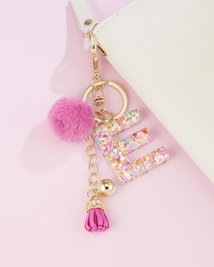 Resin Alphabet Initial Letter Keychain Keyring for Women Purse Handbags With Fur Ball Pom