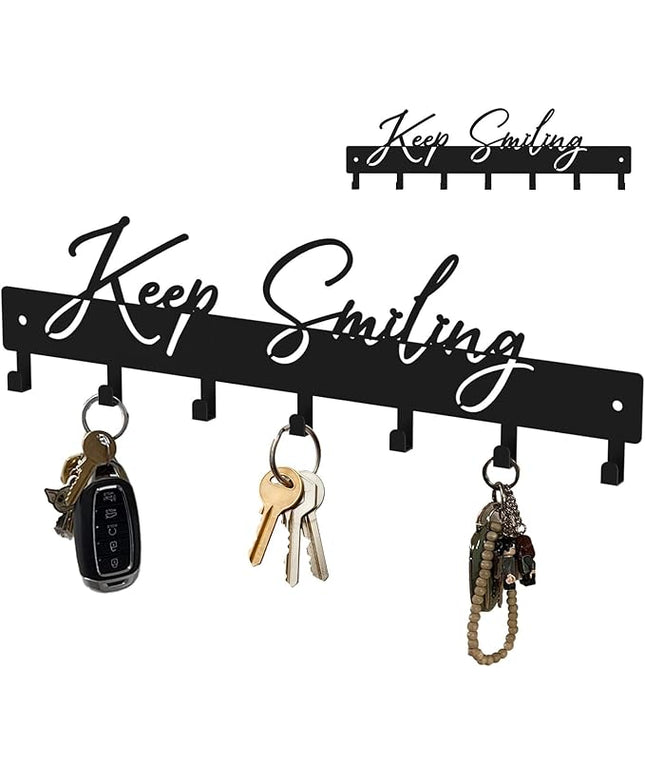 ShowMtheM Exquisite Fashion Phrase Key Holder Wall Mount,Keep Smiling Key Kooks for Wall Decoration,Black Metal Key Hanger with 7 Kooks for Entryway,Office,Living Room Decor