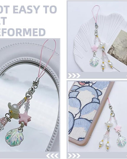 Beaded Phone Strap Charm Shell Pendant Keychain for Women, Holographic Shell Beads Cellphone Chain Lanyard Accessory for Bags and Keys, Fresh Summer Design Phone Charm Decor