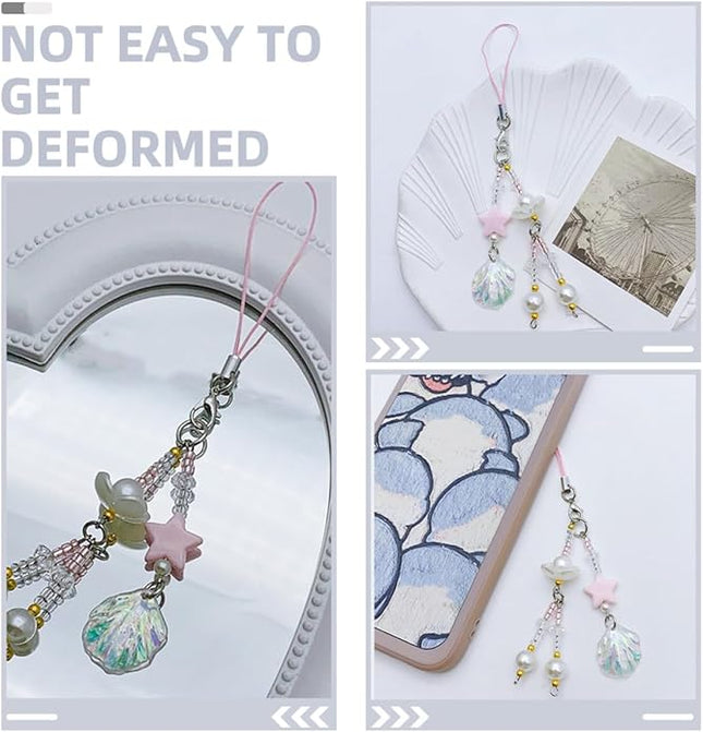 Beaded Phone Strap Charm Shell Pendant Keychain for Women, Holographic Shell Beads Cellphone Chain Lanyard Accessory for Bags and Keys, Fresh Summer Design Phone Charm Decor