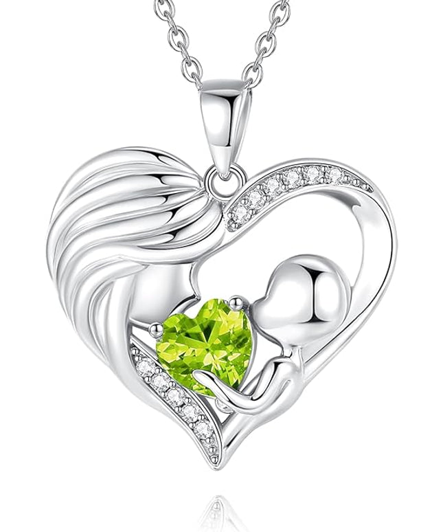 FANCIME Mom Birthstone Necklace Mother and Child Love Heart Necklace I Love You Mom Gifts Mothers Day Birthstone Jewelry Gifts for Grandmother Women Wife, 16"+2" Inches
