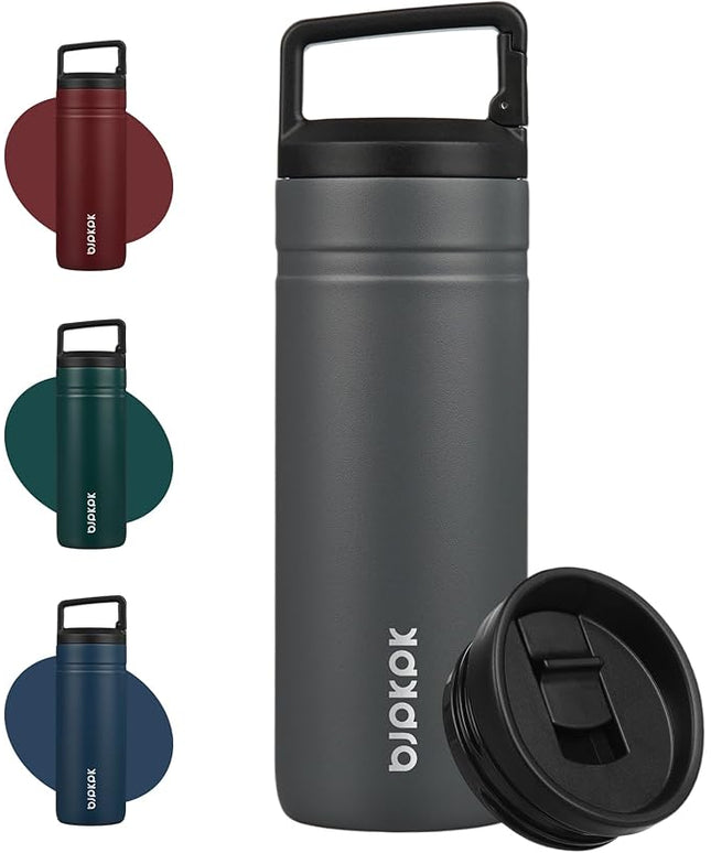 BJPKPK Insulated Water Bottle with 2 Lids,20 oz Double Wall Stainless Steel Vacuum Tumbler Travel Coffee Mug,Wide Mouth Thermal Cup,Grey