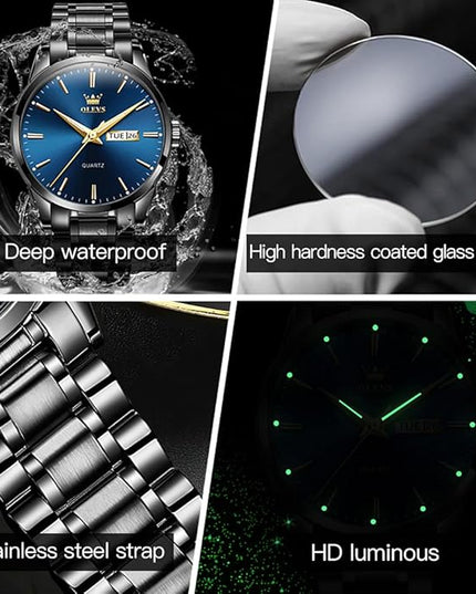 OLEVS Men's Luxury Watch Waterproof Luminous Easy Read Chronograph Watches Full Gold/White Dail/Black Face with Calendar Wristwatch
