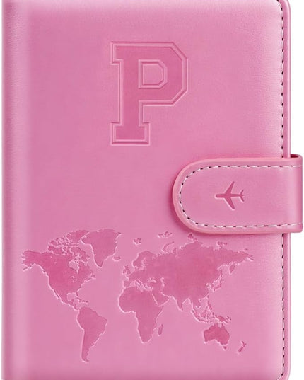 Personalized P Passport Holder Cover Initial Letter Travel Wallet RFID Blocking Passport Cover Credit Card Holder Case Passport Book Holders for Women and Men, Pink-p