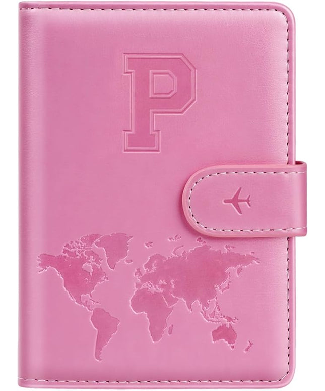 Personalized P Passport Holder Cover Initial Letter Travel Wallet RFID Blocking Passport Cover Credit Card Holder Case Passport Book Holders for Women and Men, Pink-p