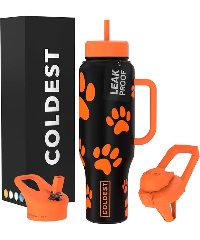 Coldest Tumbler with Handle and Straw, 100% Leak Proof Insulated Tumbler with Lid and Straw (3 Lids), Stainless Steel Tumblers for Women & Men, Cup Holder Friendly Base, 46 oz (Pumkin Paws)