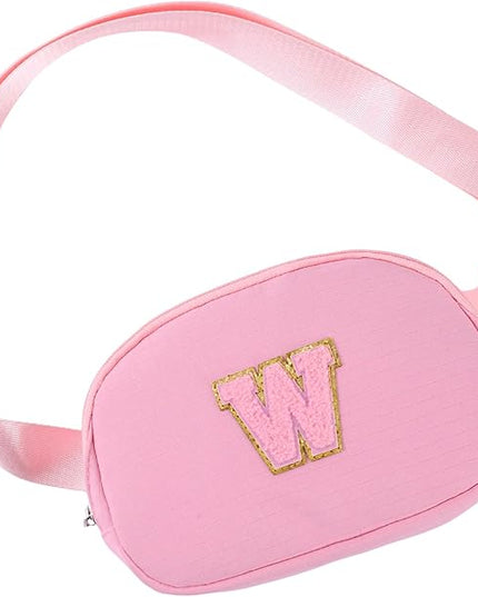 Glratn Initial Letter Fanny Pack for Girls,Patch Belt Bag,Toddler Crossbody Bags，Gifts for 3 4 5 6 7 8 9 10 11 12 Year Old Teens Kids,Christmas Graduation Gifts for Teen Girls.(Pink-W)