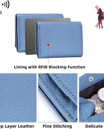Mudono Small Wallet for Women Genuine Leather RFID Blocking Card Holder Minimalist Tri-fold Cash Wallet with Snap Coin Pouch